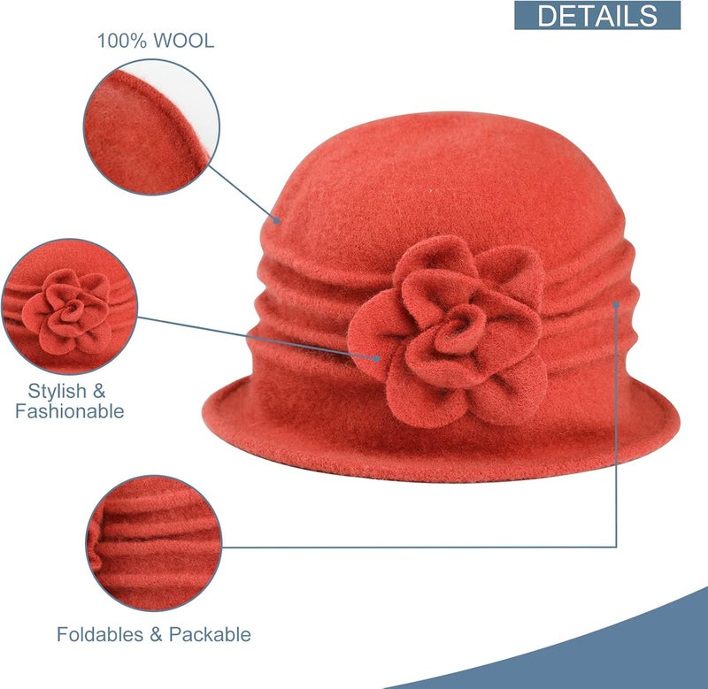 Sumolux Women Beret Hat French Vintage Floral Wool Dress Cloche Classic Winter Hat 1920s - Image 3